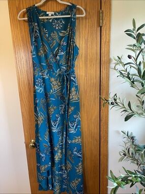 Evereve Teal Floral Wrap Midi Dress